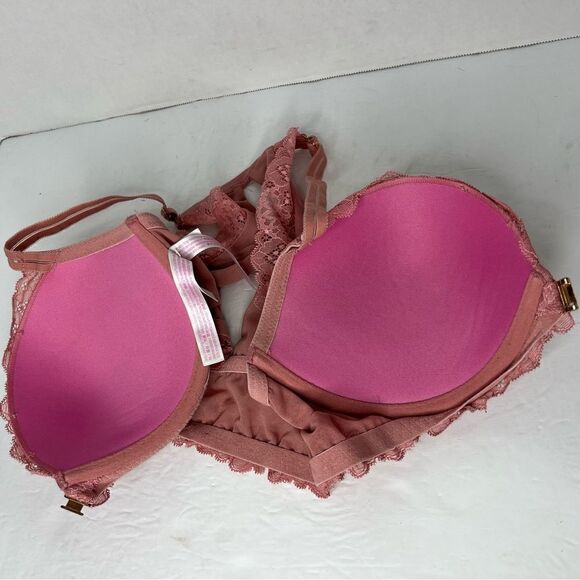 Pink by Victoria Secret Date Push-Up Lace Rose Pink Front  Closure Bra Size 34DD - Picture 4 of 9
